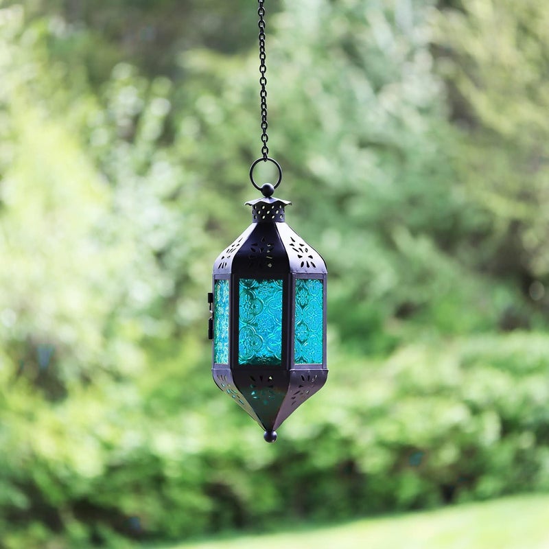Vela Lanterns 11.5" Hanging Moroccan Decorative Candle Lantern Lamp â€“ Indoor/Outdoor Tea Light Candle Holder for Patio, Porch, Ramadan or Home Decor, Aqua Blue - Image 4